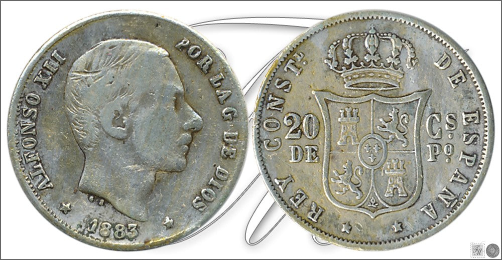 España - 1883 - Alfonso XII - Nº 00082 - Muy Buena conservación menos - MBC - / VF- - 20 centavos de peso 1883 Manila Ag.