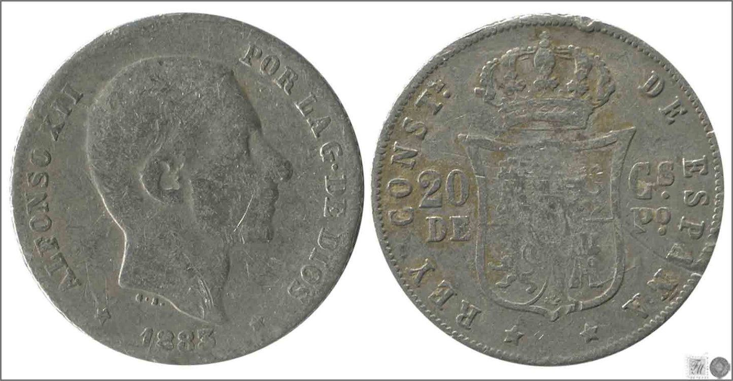 España - 1883 - Alfonso XII - Nº 00082 - RC / VG - 20 centavos de peso 1883 Manila Ag.