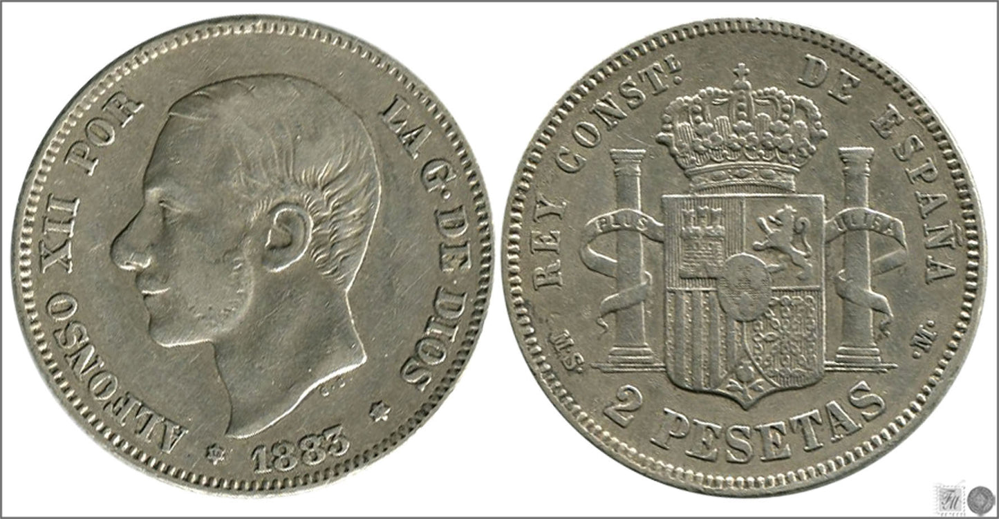 España - 1883 - Alfonso XII - Nº 00094 - MBC / VF - 2 pesetas 1883 (*18*83) MSM Ag