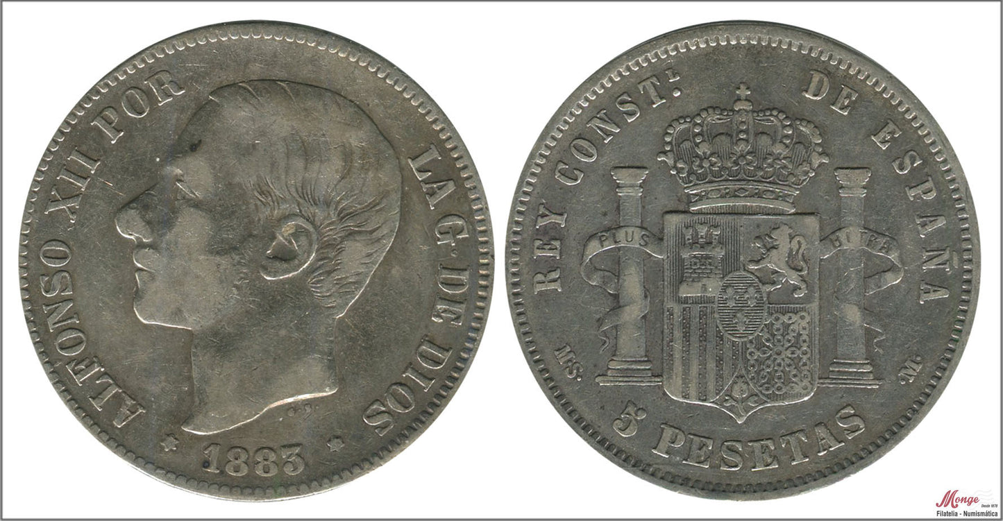 España - 1883 - Alfonso XII - Nº 00134 - BC / F - 5 pesetas 1883 (*83) MSM Ag.