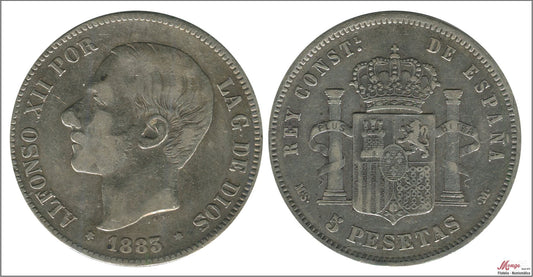 España - 1883 - Alfonso XII - Nº 00134 - BC / F - 5 pesetas 1883 (*83) MSM Ag.