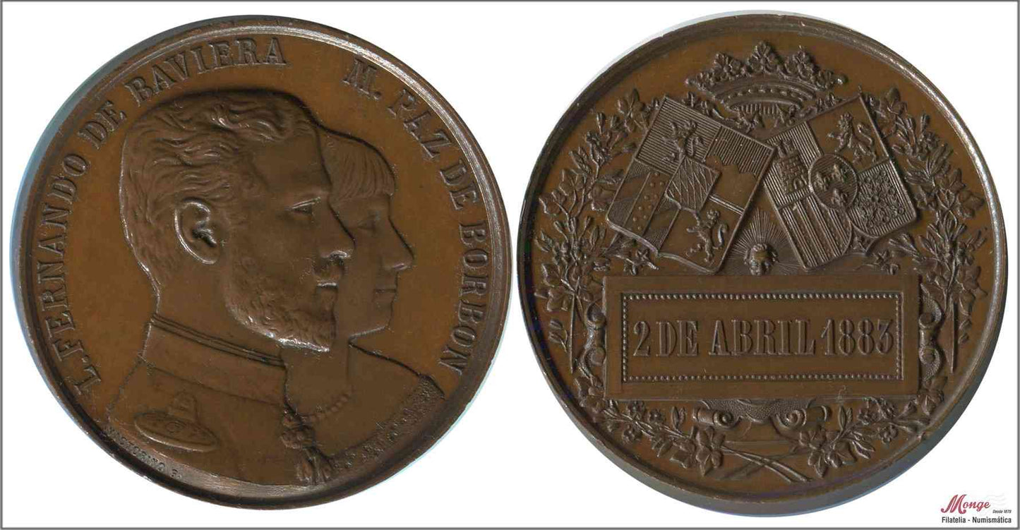 España - 1883 - Medalla - Nº N-1883-01 - MBC / VF - Boda Fernando Baviera-Mª Paz de Borbon 2-4-1883 / 40mm. Bronce