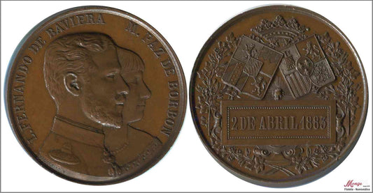 España - 1883 - Medalla - Nº N-1883-01 - MBC / VF - Boda Fernando Baviera-Mª Paz de Borbon 2-4-1883 / 40mm. Bronce