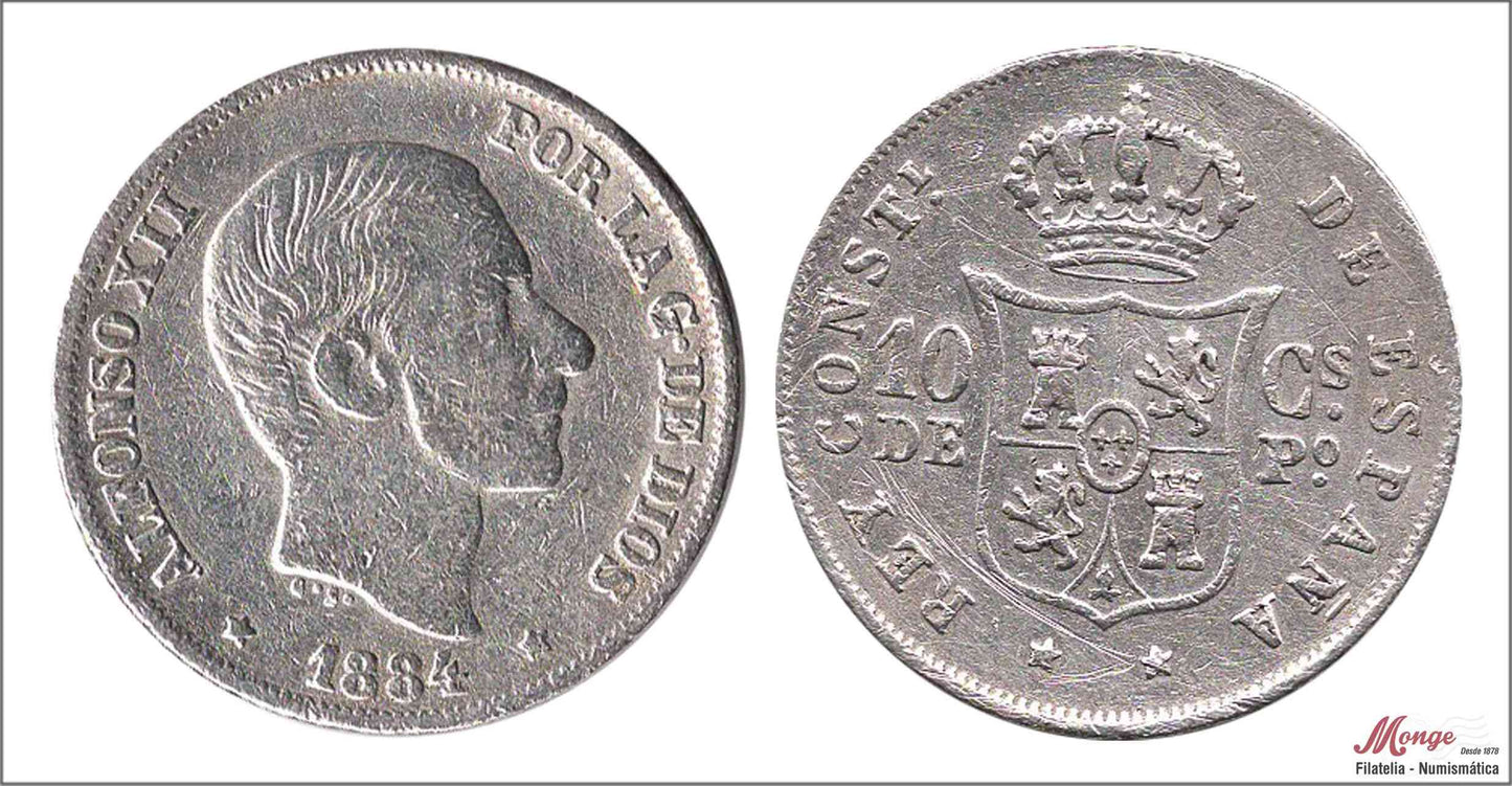 España - 1884 - Alfonso XII - Nº 00053 - BC- / MBC- - 10 centavos de peso 1884 Manila Ag.