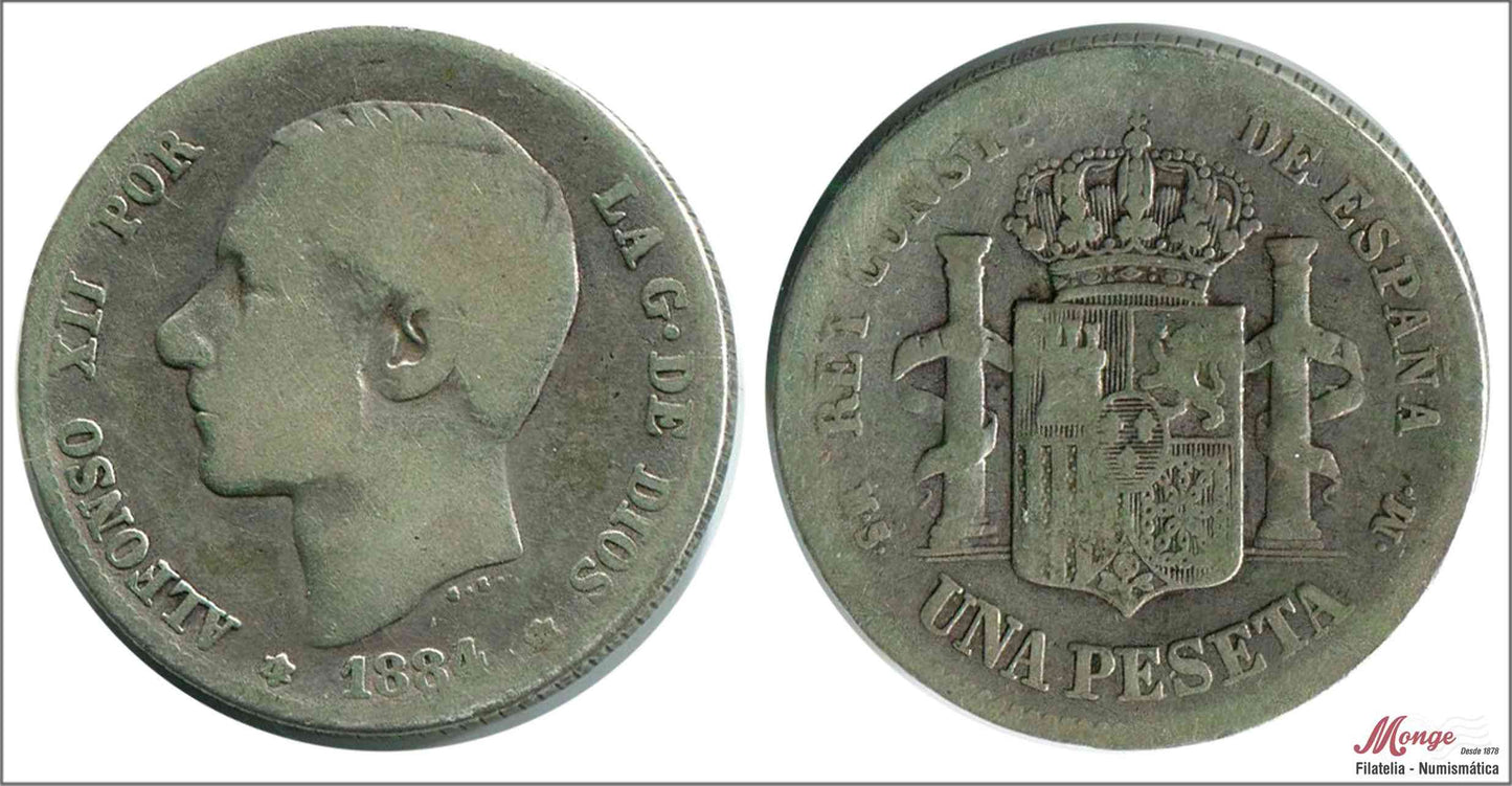 España - 1884 - Alfonso XII - Nº 00064 - BC- / F- - 1 peseta 1884 (*18-*84) MSM Ag