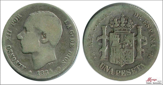 España - 1884 - Alfonso XII - Nº 00064 - BC- / F- - 1 peseta 1884 (*18-*84) MSM Ag