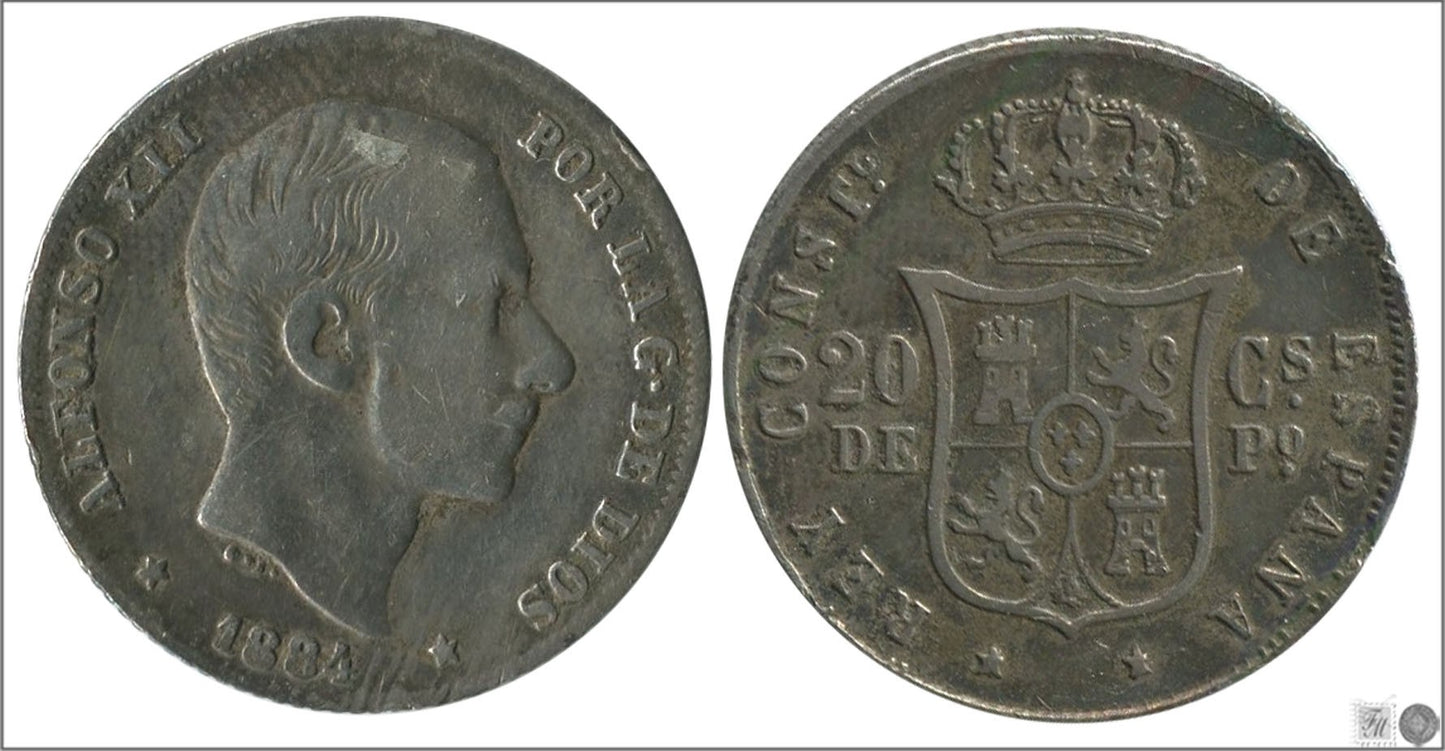 España - 1884 - Alfonso XII - Nº 00083 - Muy Buena conservación - MBC / VF - 20 centavos de peso 1884 Manila Ag.