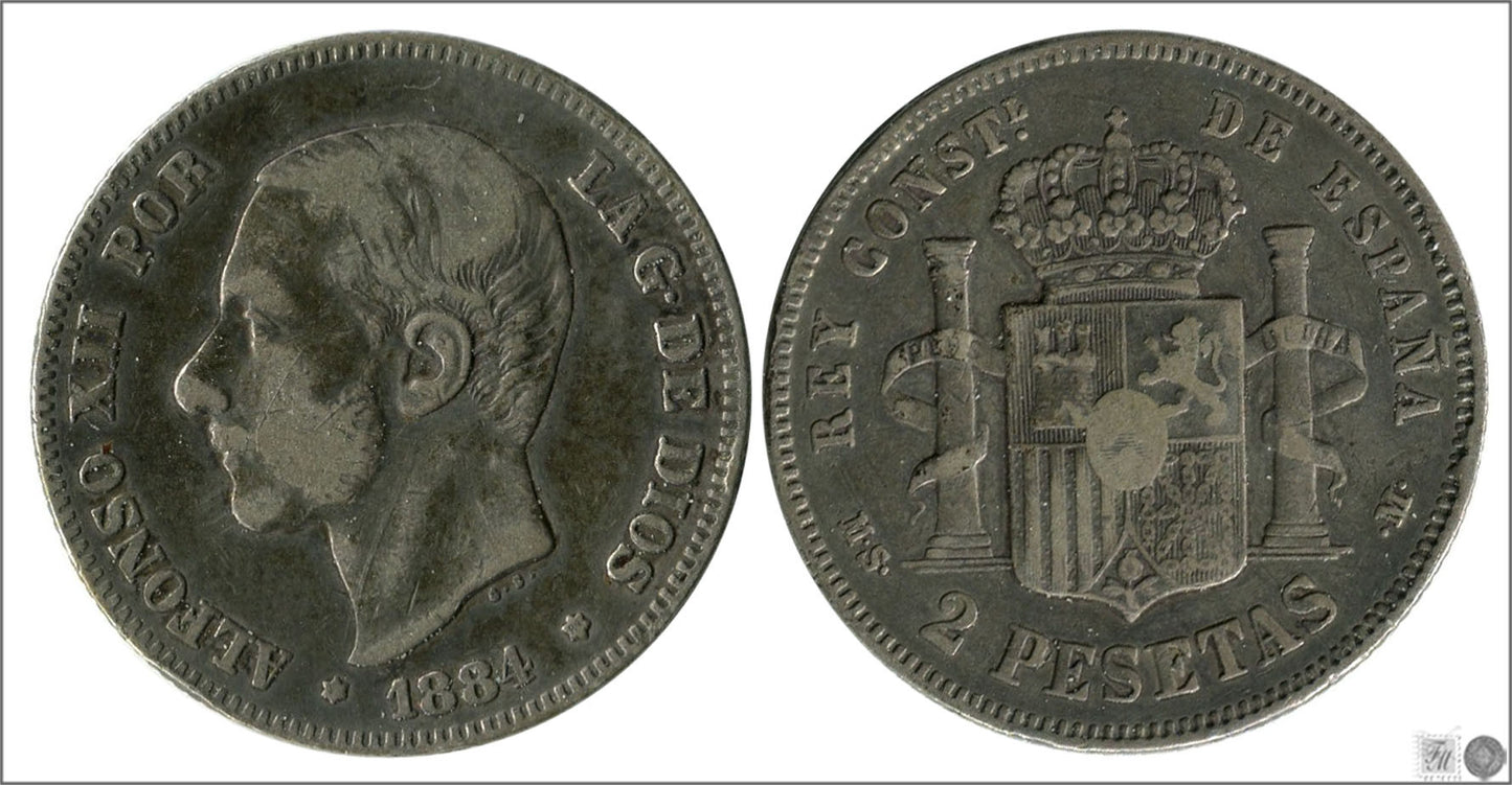 España - 1884 - Alfonso XII - Nº 00095 - BC+ / F+ - 2 pesetas 1884 (*84) MSM Ag