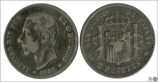 España - 1884 - Alfonso XII - Nº 00095 - BC+ / F+ - 2 pesetas 1884 (*84) MSM Ag