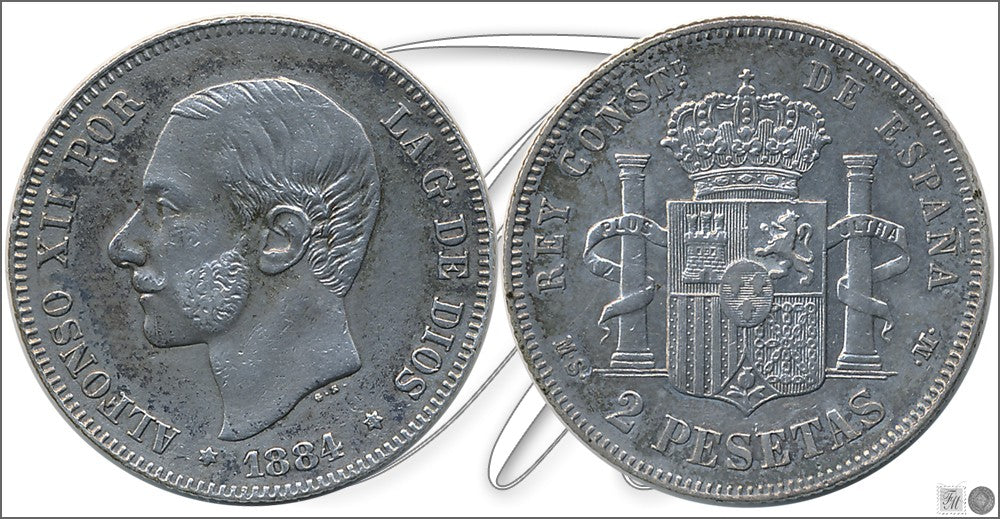 España - 1884 - Alfonso XII - Nº 00095 - Cara y Cruz - EBC- / MBC+ - 2 pesetas 1884 (*1 *84) MSM Ag