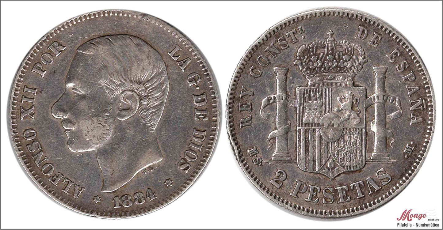 España - 1884 - Alfonso XII - Nº 00095 - MBC+ / VF+ - 2 pesetas 1884 (*18*84) MSM Ag