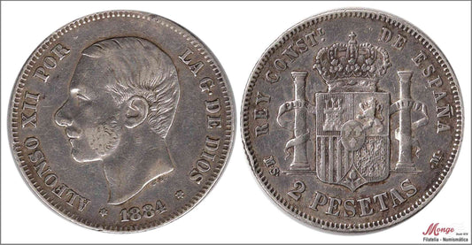 España - 1884 - Alfonso XII - Nº 00095 - MBC+ / VF+ - 2 pesetas 1884 (*18*84) MSM Ag