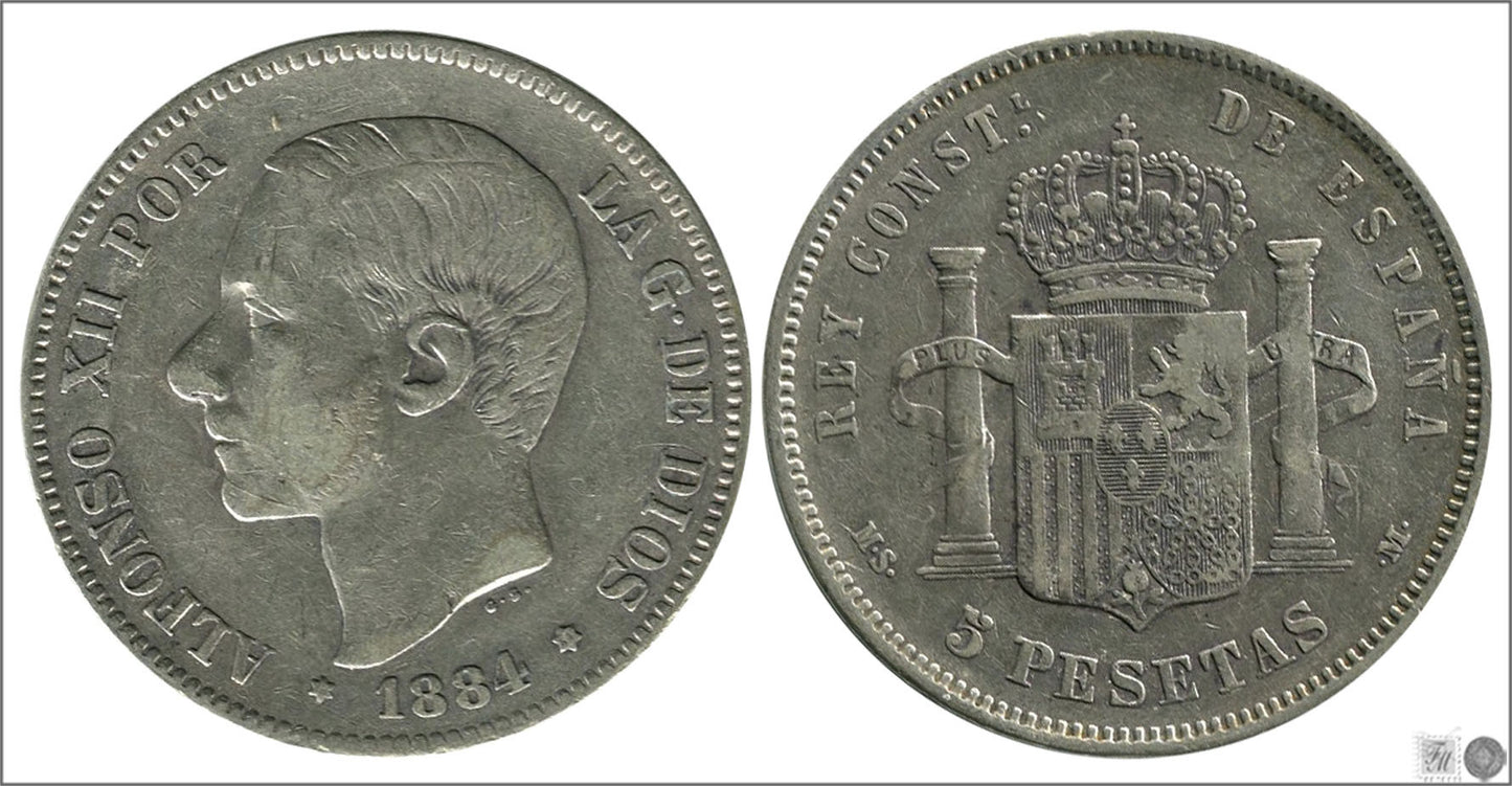 España - 1884 - Alfonso XII - Nº 00135 - MBC - / VF- - 5 pesetas 1884 (*18*84) MSM - 25 gr. plata foto generica