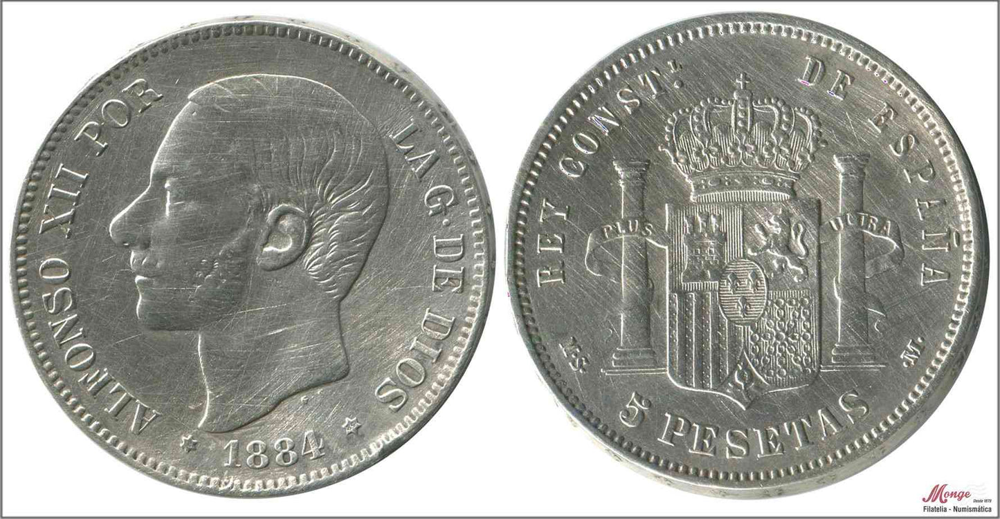 España - 1884 - Alfonso XII - Nº 00135F - MBC+ / VF+ - 5 pesetas 1884 (*18*84) MSM / 24,75 gr. plata / Falsa época en plata Coin