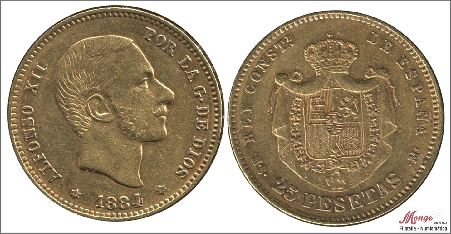 España - 1884 - Alfonso XII - Nº 00182 - MBC / VF - 25 pesetas 1884 (*18*84) MSM oro