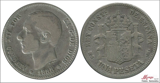 España - 1885 - Alfonso XII - Nº 00065 - BC+ / F+ - 1 peseta 1885 (*18*85) MSM Ag