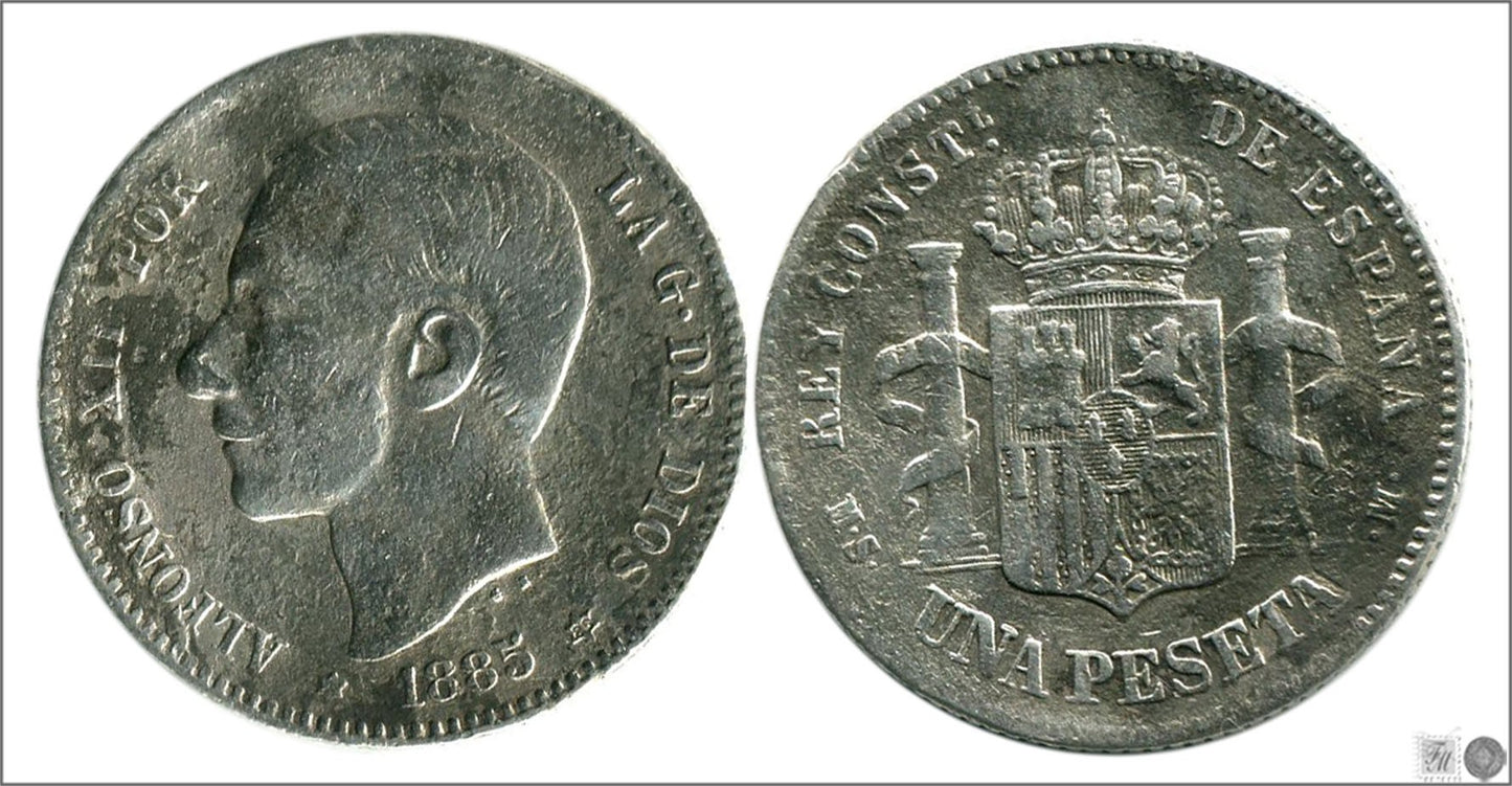 España - 1885 - Alfonso XII - Nº 00066 - Buena conservación - BC- / F- - 1 peseta 1885 (*86) MSM Ag