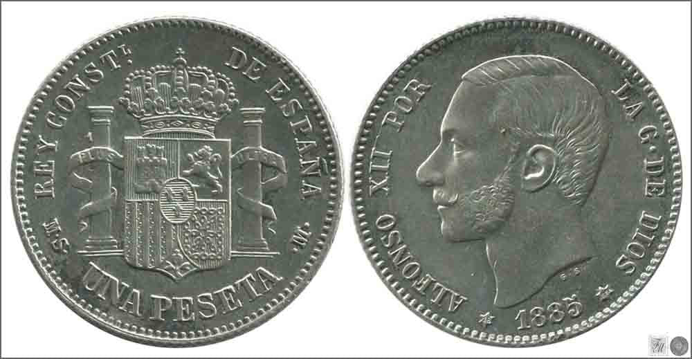 España - 1885 - Alfonso XII - Nº 00066 - Excelente conservacion - EBC / XF - 1 peseta 1885 (*18*86) MSM Ag