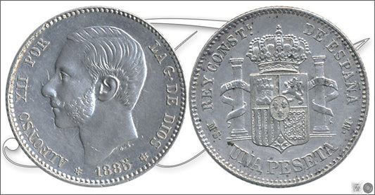 España - 1885 - Alfonso XII - Nº 00066 - Excelente conservacion menos - EBC- / XF- - 1 peseta 1885 (*18*86) MSM Ag