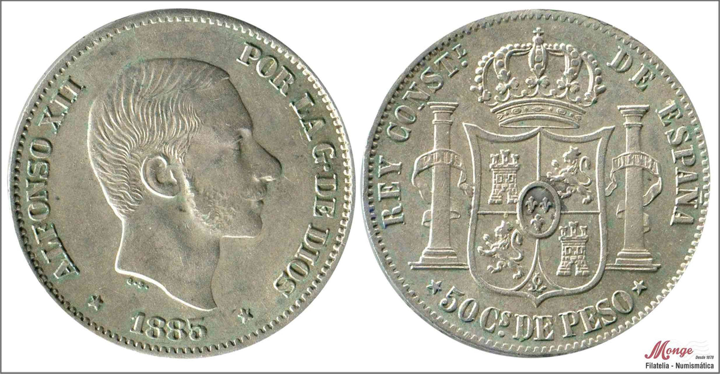 España - 1885 - Alfonso XII - Nº 00108 - EBC+ / XF+ - 50 centavos de peso 1885 Manila Ag.