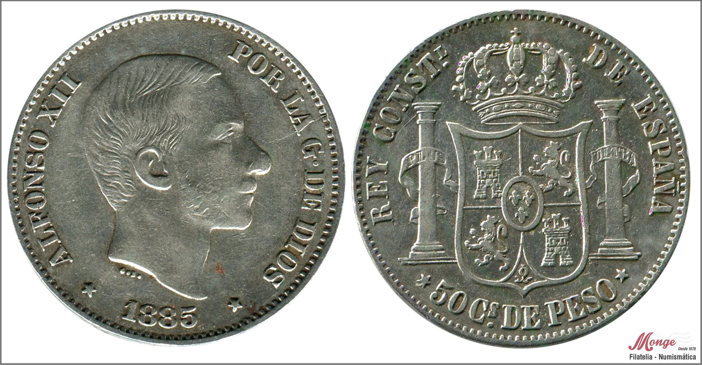 España - 1885 - Alfonso XII - Nº 00108 - MBC+ / VF+ - 50 centavos de peso 1885 Manila Ag