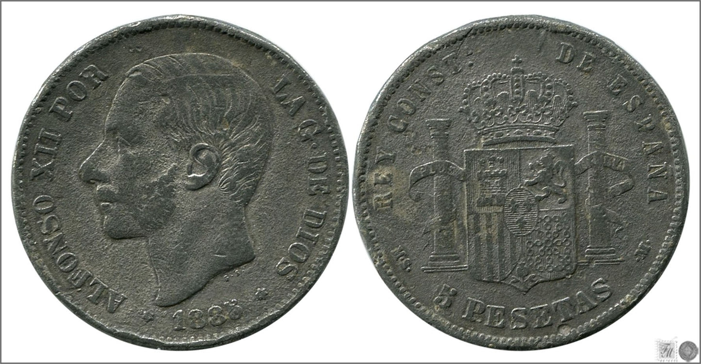 España - 1885 - Alfonso XII - Nº 00136F - Regular conservación - RC / VG - 5 pesetas 1885 MSM Falsa época (calamina)