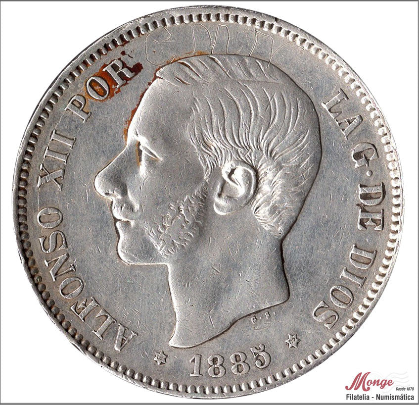 España - 1885 - Alfonso XII - Nº 00138 - MBC+ / MBC - 5 pesetas 1885 (*18*87) MSM - 25 gr. plata - defecto de escritura