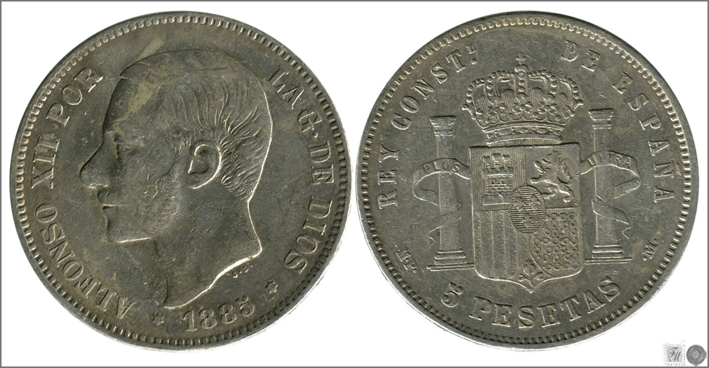 España - 1885 - Alfonso XII - Nº 00139 - BC- / F- - 5 pesetas 1885 MPM - 25 gr. plata - foto generica