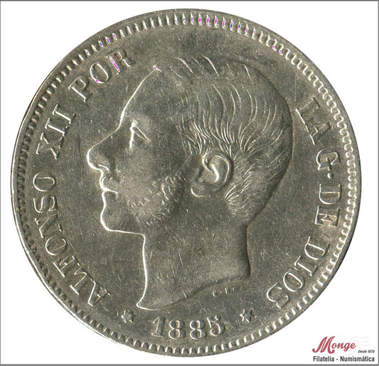 España - 1885 - Alfonso XII - Nº 00139 - MBC+ / MBC - 5 pesetas 1885 (*18*87) MPM - 24,90 gr. plata