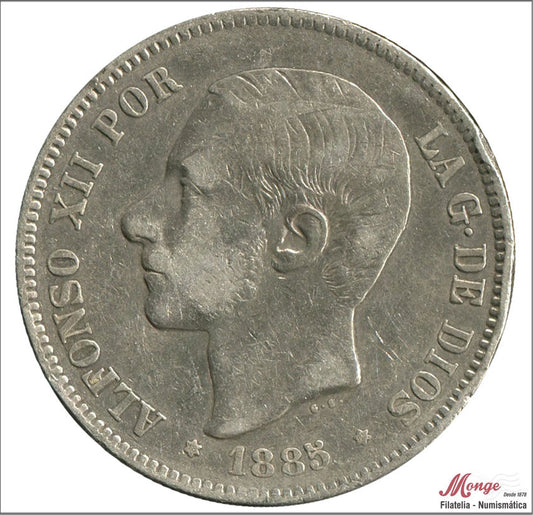 España - 1885 - Alfonso XII - Nº 00139 - MBC - / VF- - 5 pesetas 1885 (*18*87) MPM - 24,85 gr. plata