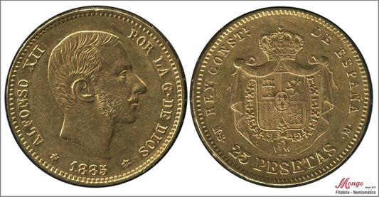 España - 1885 - Alfonso XII - Nº 00183 - MBC+ / VF+ - 25 pesetas 1885 (*18*85) MSM 8 gr. oro