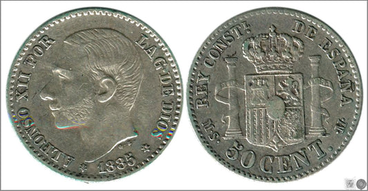 España - 1886 - Alfonso XII - Nº 00039 - Cara y Cruz - EBC / MBC - 50 centimos 1885 (*86) MSM Ag