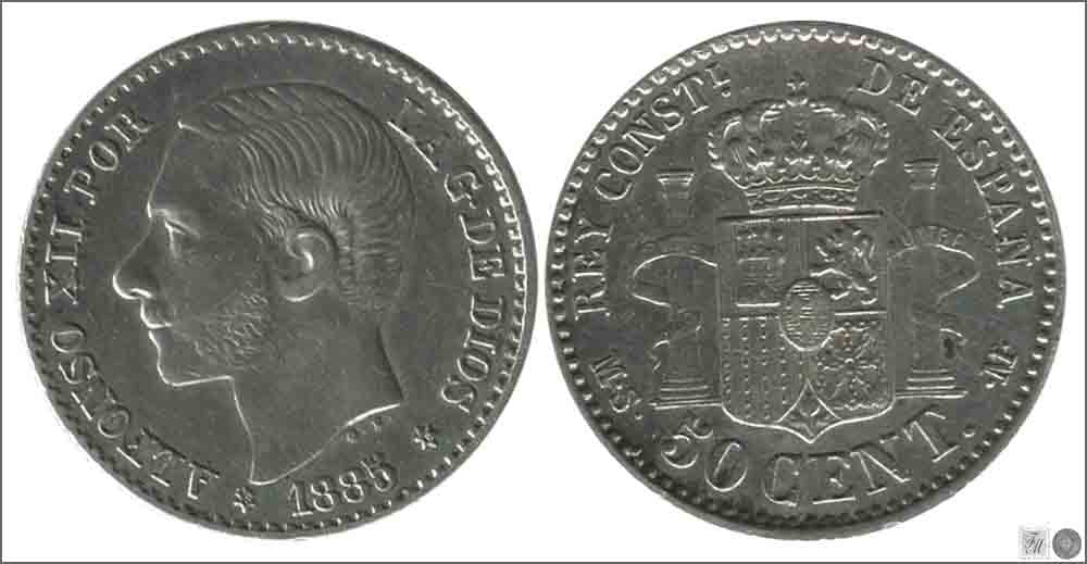 España - 1886 - Alfonso XII - Nº 00039 - Excelente conservacion - EBC / XF - 50 centimos 1885 (*86) MSM Ag