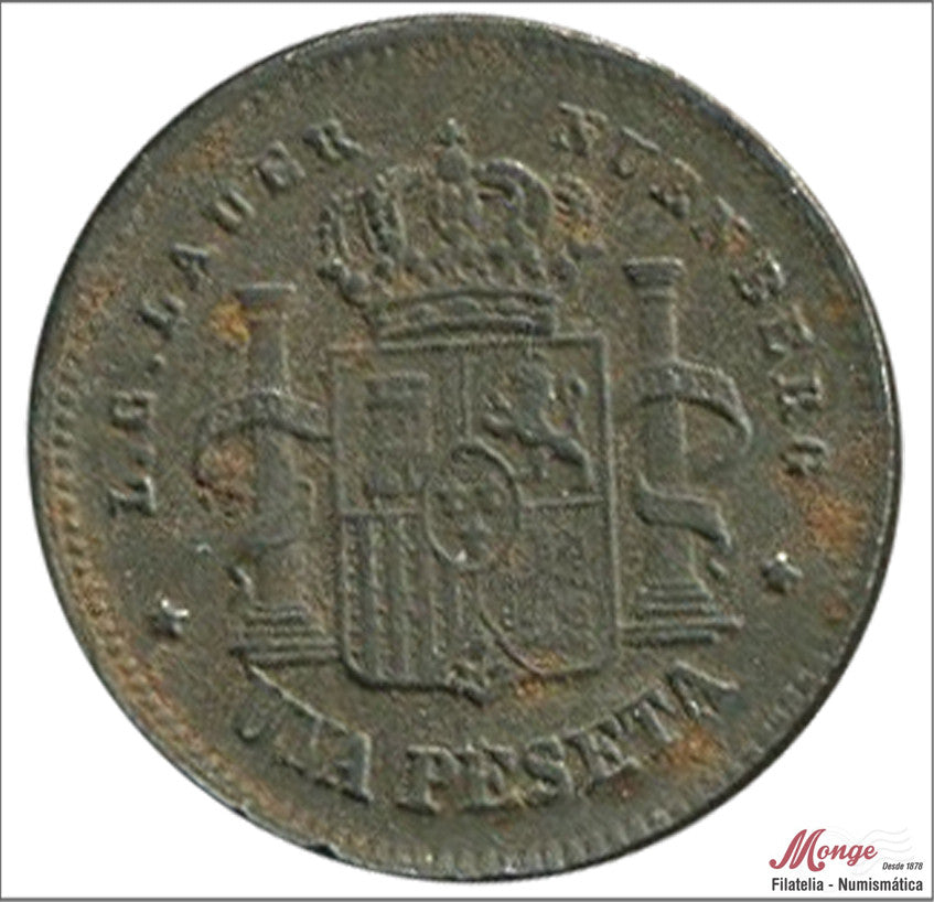 España - 1887 - Cooperativas - Nº 00002b - MBC / VF - 1 peseta 1887 - Ficha Juego Lauer Nürnberg - Cu