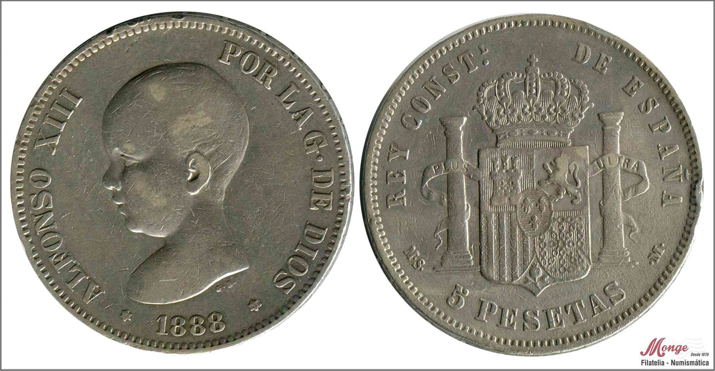 España - 1888 - Alfonso XIII - Nº 00140 - MBC - / VF- - 5 ptas. 1888 (*18*88) MSM Ag / Muy Rara - golpecitos