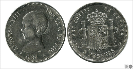 España - 1888 - Alfonso XIII - Nº 00141 - BC / F - 5 pesetas 1888 (*88) MPM - 25 gr. plata foto generica