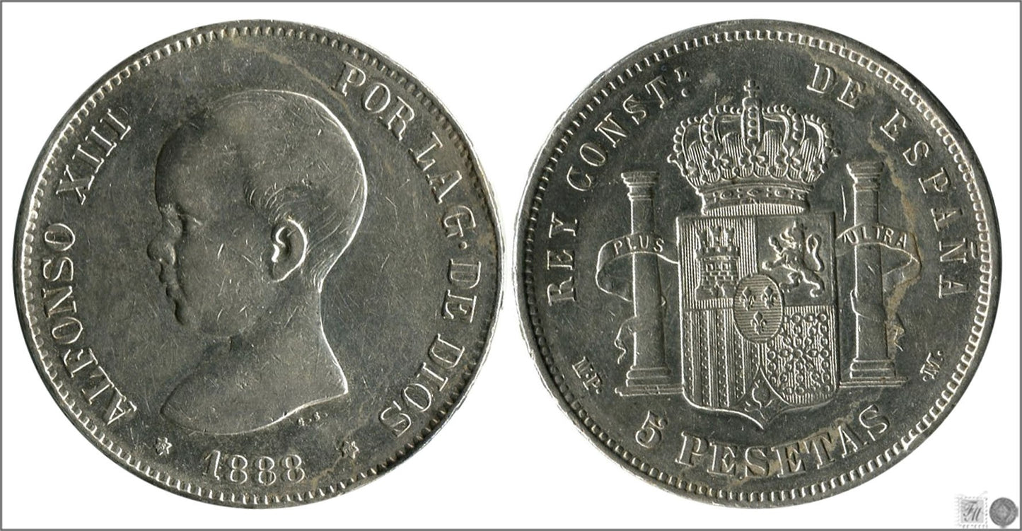 España - 1888 - Alfonso XIII - Nº 00141 - Excelente conservacion menos - EBC- / XF- - 5 pesetas 1988 (*18*88) MPM Ag.