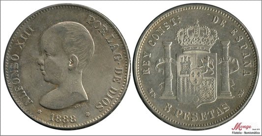 España - 1888 - Alfonso XIII - Nº 00141 - MBC+ / VF+ - 5 pesetas 1888 (*18*88) MPM - 25 gr. plata. / Patina