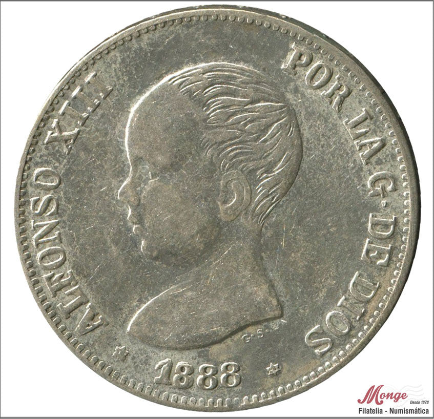 España - 1888 - Alfonso XIII - Nº 00141F - MBC / VF - 5 pesetas 1888 PGM - 25 gr. plata / Curiosa Falsa no coincidente en plata