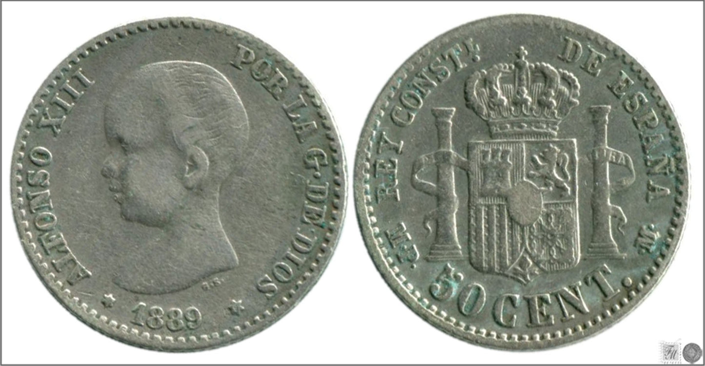 España - 1889 - Alfonso XIII - Nº 00040 - Cara y Cruz - MBC / MBC- - 50 centimos 1889 (*9) MPM Ag