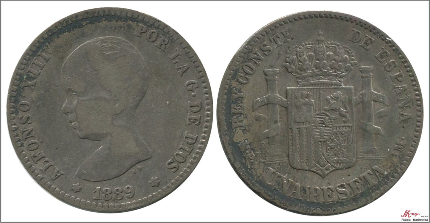 España - 1889 - Alfonso XIII - Nº 00067 - BC- / F- - 1 peseta 1889 (*89) MPM Ag