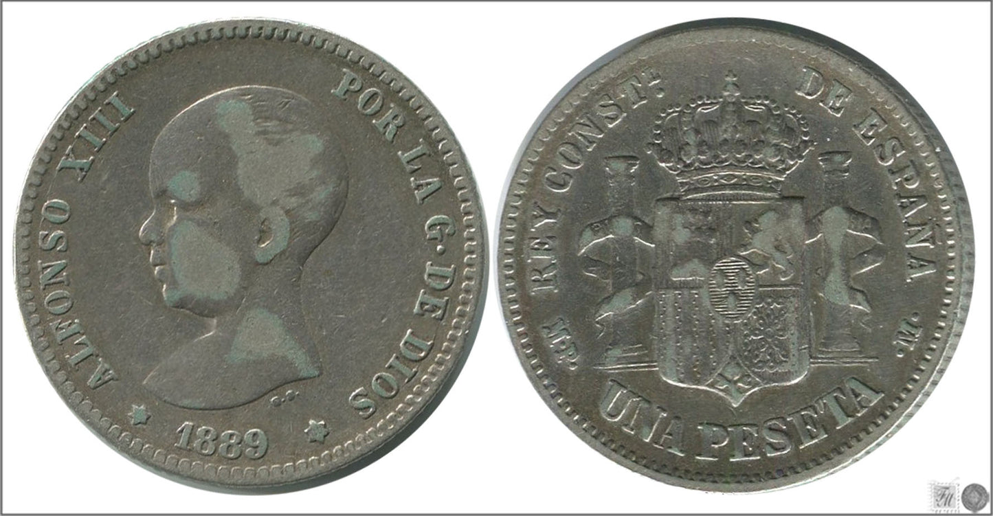 España - 1889 - Alfonso XIII - Nº 00067 - BC / F - 1 peseta 1889 (*89) PGM Ag