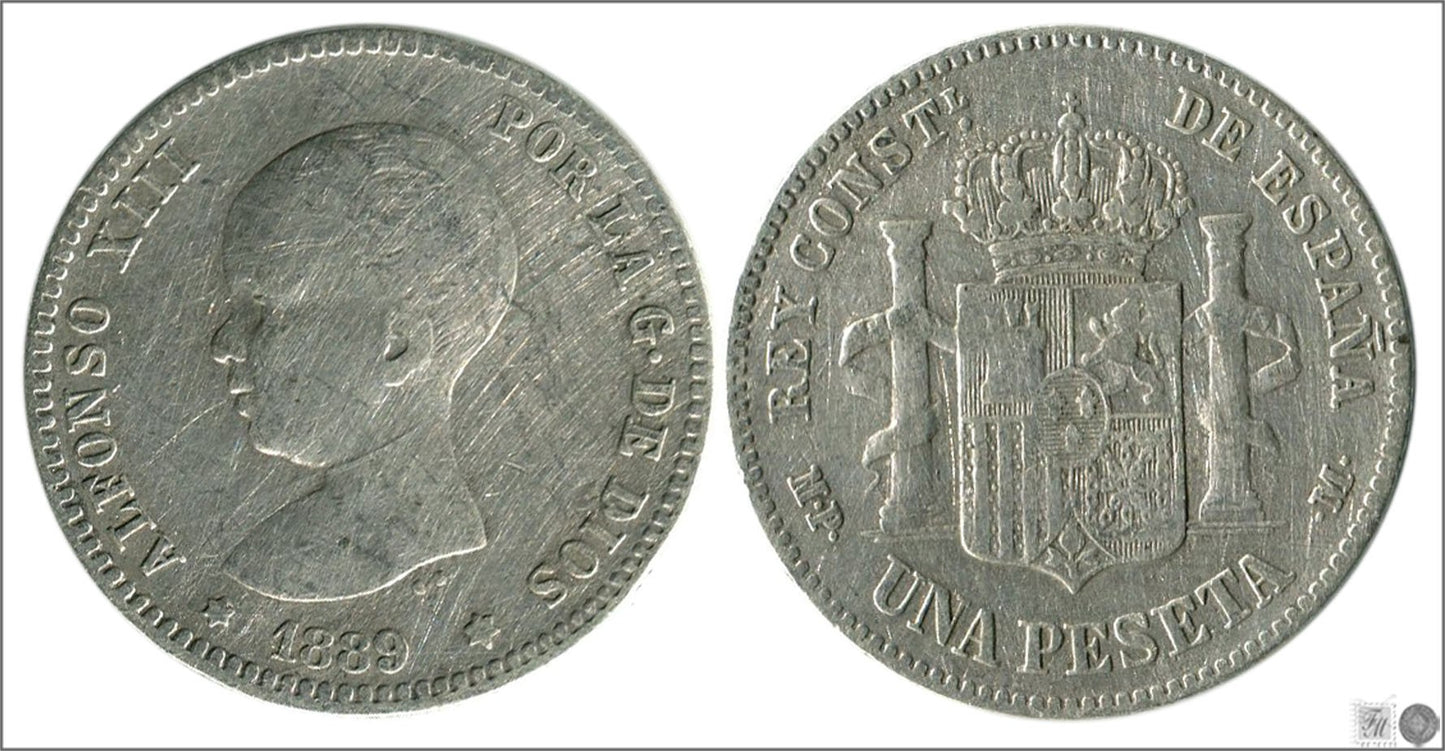 España - 1889 - Alfonso XIII - Nº 00067 - Buena conservación - BC- / F- - 1 peseta 1889 MPM Ag