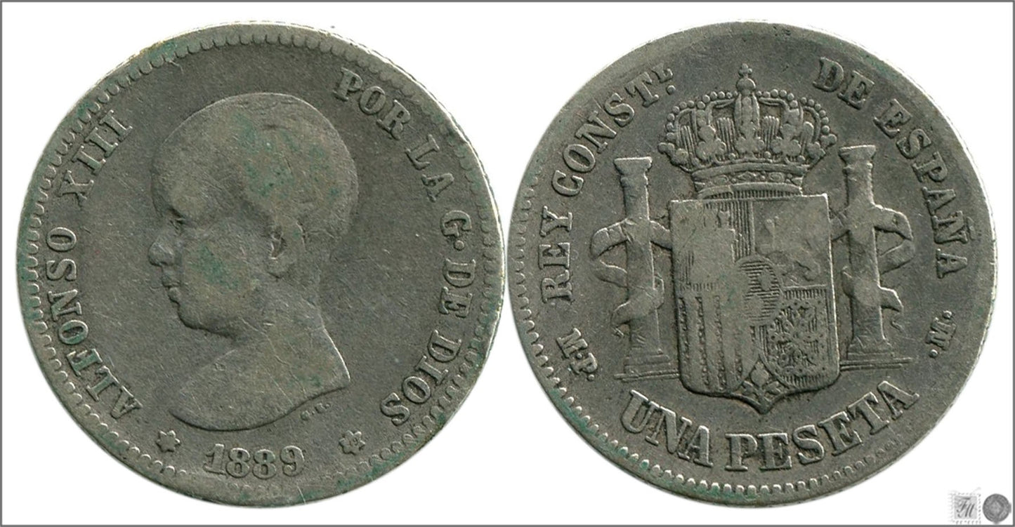 España - 1889 - Alfonso XIII - Nº 00067 - Cara y Cruz - BC- / RC - 1 peseta 1889 (*89) MPM Ag