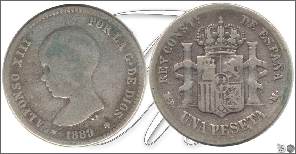 España - 1889 - Alfonso XIII - Nº 00067 - Cara y Cruz - RC/ BC- - 1 peseta 1889 MPM Ag