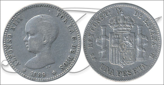 España - 1889 - Alfonso XIII - Nº 00067 - Muy Buena conservación menos - MBC - / VF- - 1 peseta 1889 MPM Ag