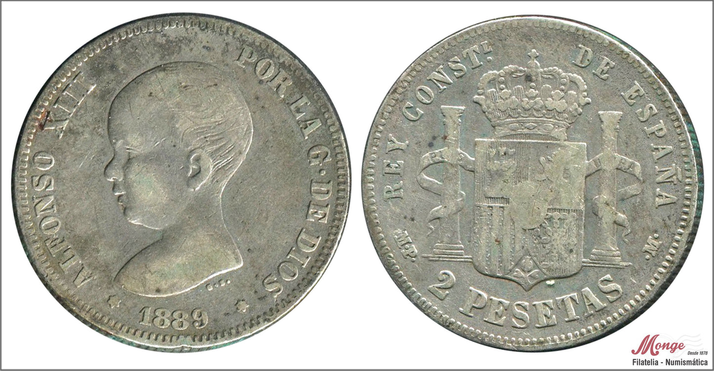 España - 1889 - Alfonso XIII - Nº 00096 - BC- / F- - 2 pesetas 1889 MPM Ag / Foto generica