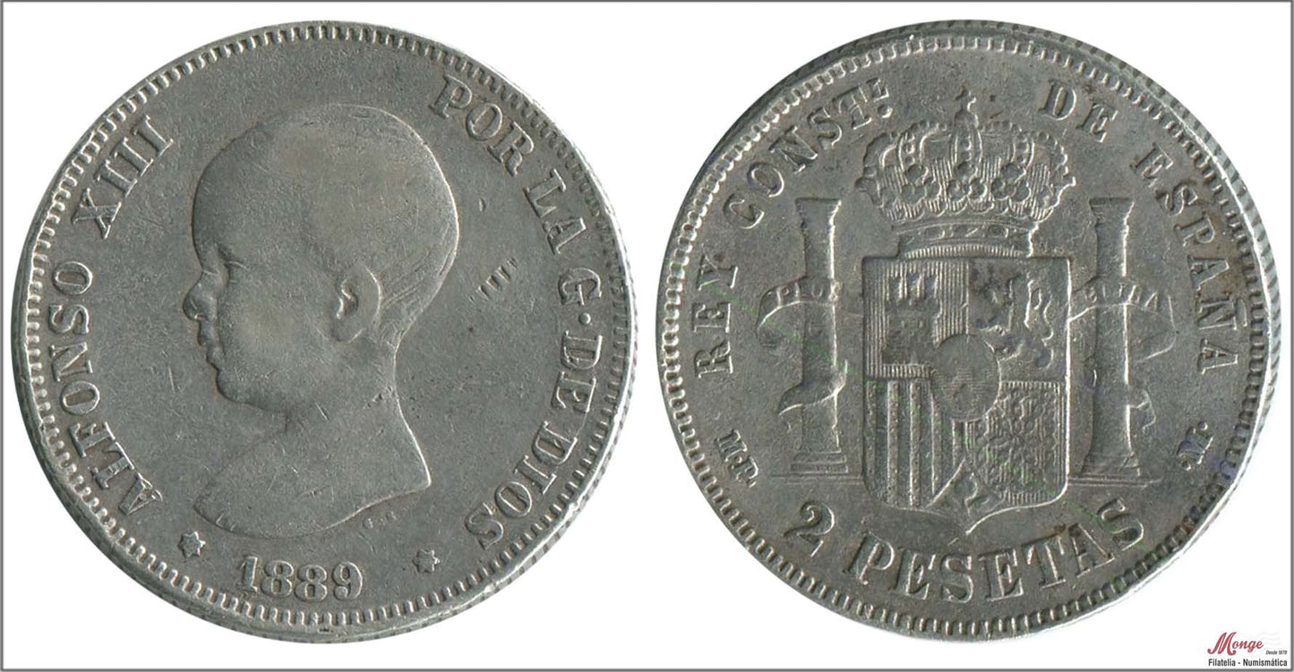 España - 1889 - Alfonso XIII - Nº 00096 - BC / F - 2 pesetas 1889 MPM Ag