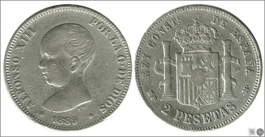 España - 1889 - Alfonso XIII - Nº 00096 - Buena conservación mas - BC+ / F+ - 2 pesetas 1889 (*1* ) MPM Ag