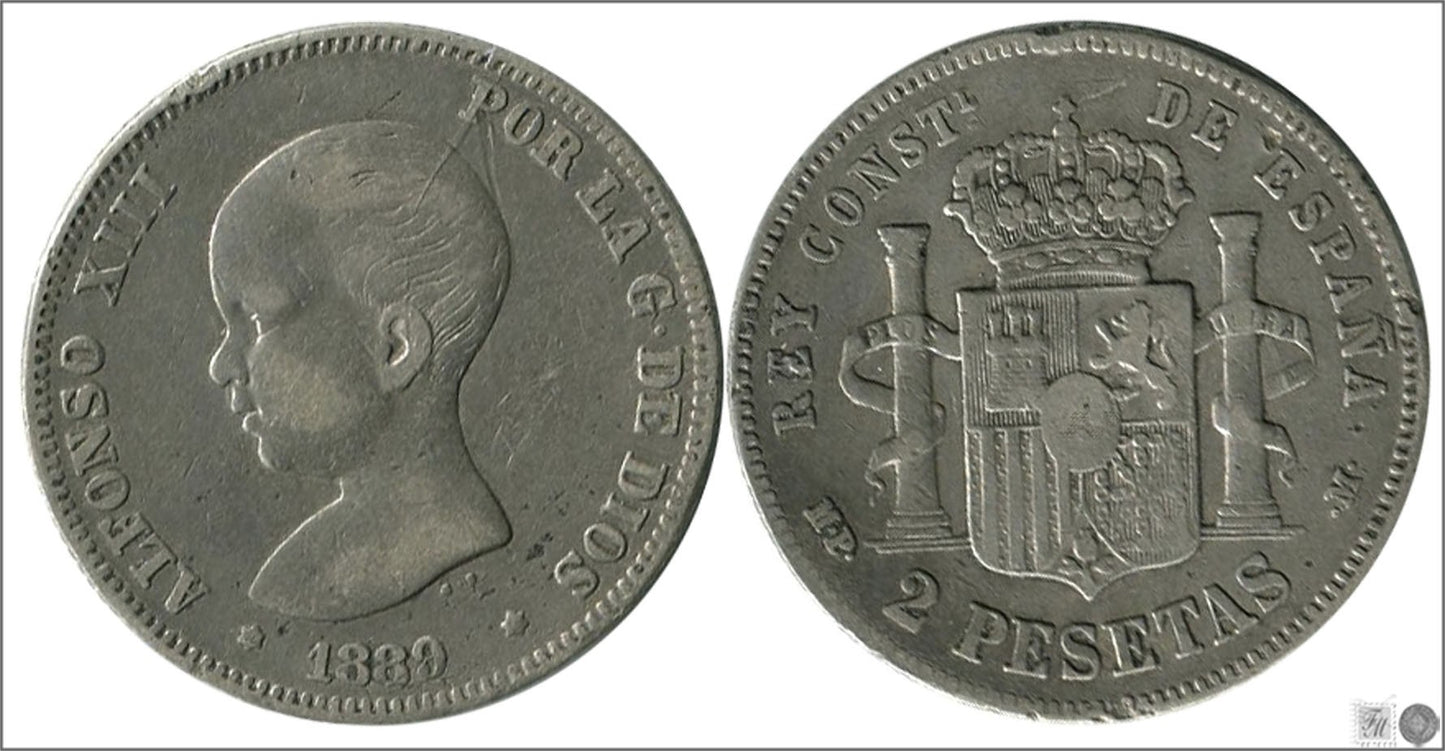 España - 1889 - Alfonso XIII - Nº 00096 - Buena conservación mas - BC+ / F+ - 2 pesetas 1889 (*18* ) MPM Ag